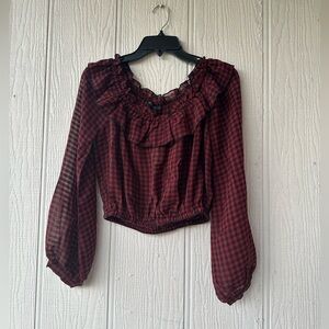 Olivaceous Plaid Ruffle-Neck Long Sleeve Crop Top